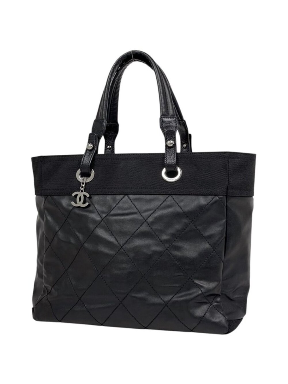 Chanel Tote Bag Paris Biarritz MM CC Logo Black